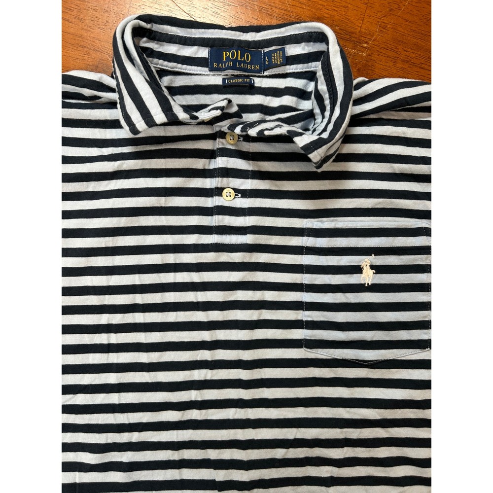 Polo Ralph Lauren Polo Shirt Mens L Blue Striped Classic Fit Pocket Short Sleeve